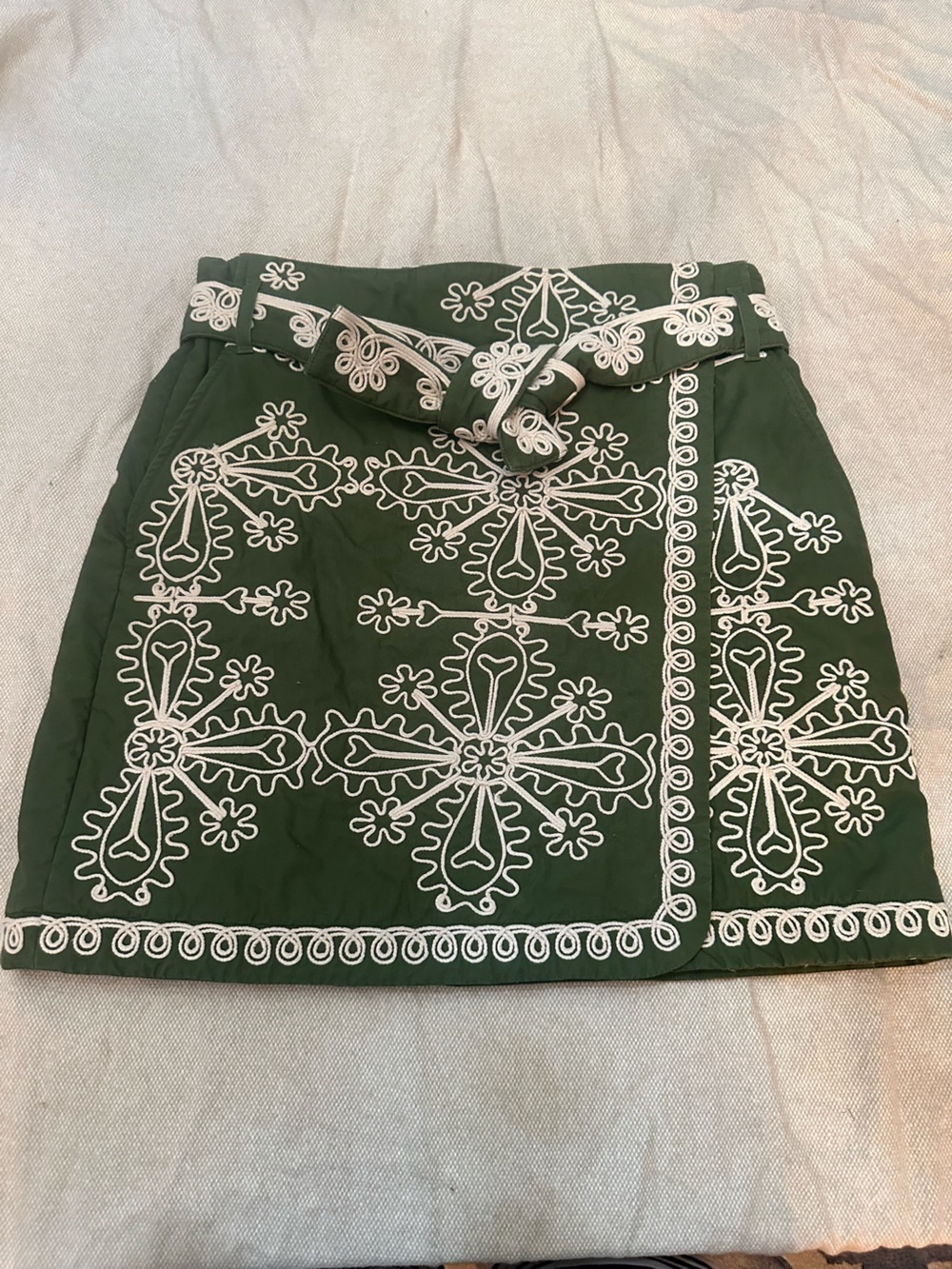 Sézane Leandra Embroidered Wrap Mini Skirt Green Cream Parisian 38921 - Picture 7 of 15